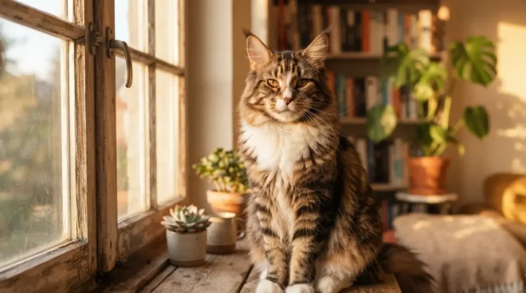 Majestic adult Maine Coon cat representing Maine Coon Lifespan in sunlit cozy home