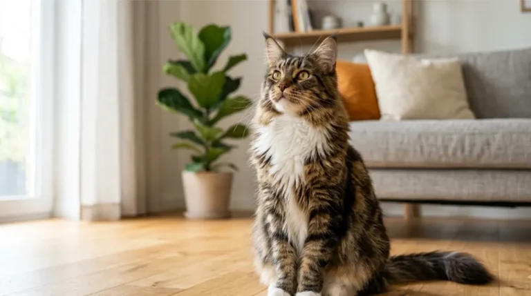 Brown tabby Maine Coon cat looking attentively at its owner, illustrating Maine Coon Personality and dog-like traits.
