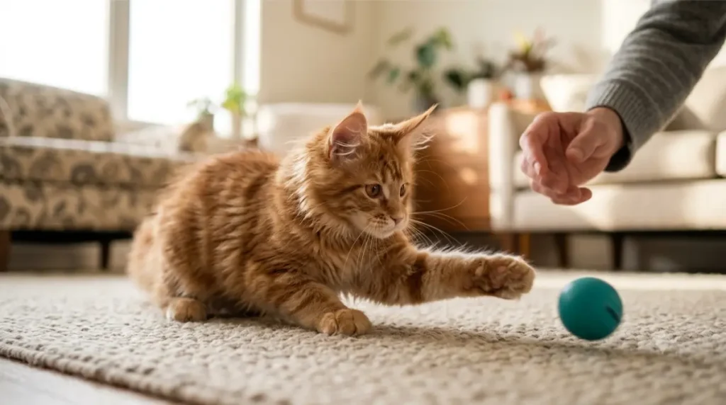 Red tabby Maine Coon kitten reaching for a ball during fetch, showing the playful side of Maine Coon Personality.