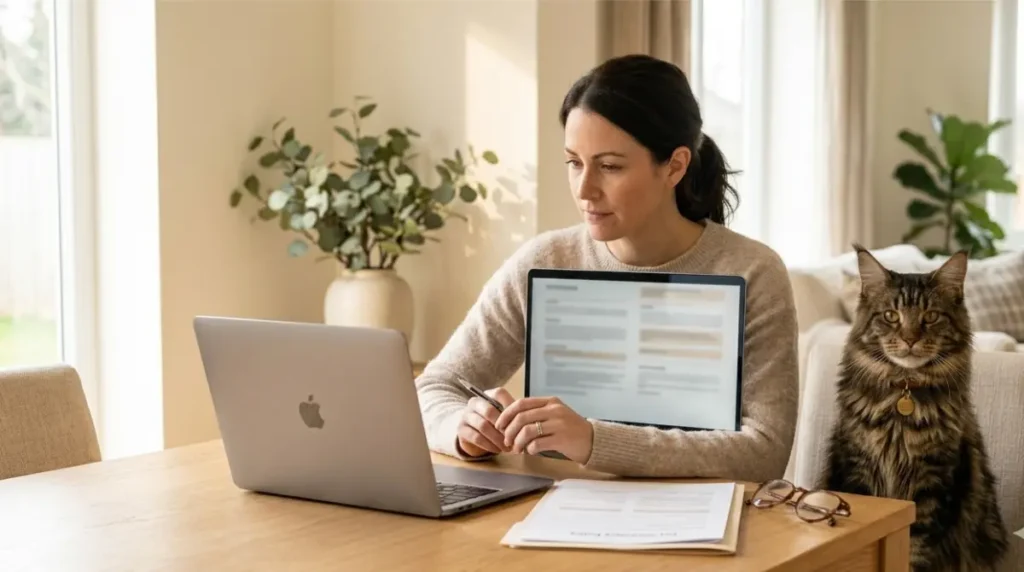 Maine Coon owner reviewing pet insurance policy details on a laptop at home.