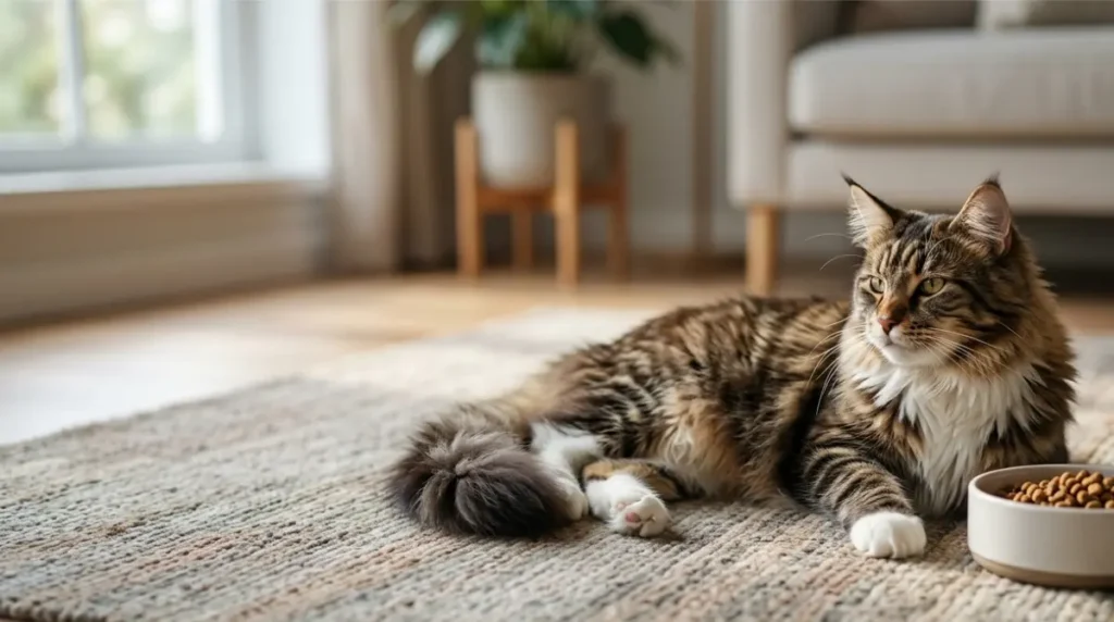 Maine Coon resting quietly beside a food bowl at home