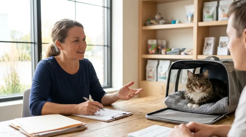 Maine Coon Adoption process: rescue volunteer interviews an applicant while a Maine Coon mix cat waits nearby.