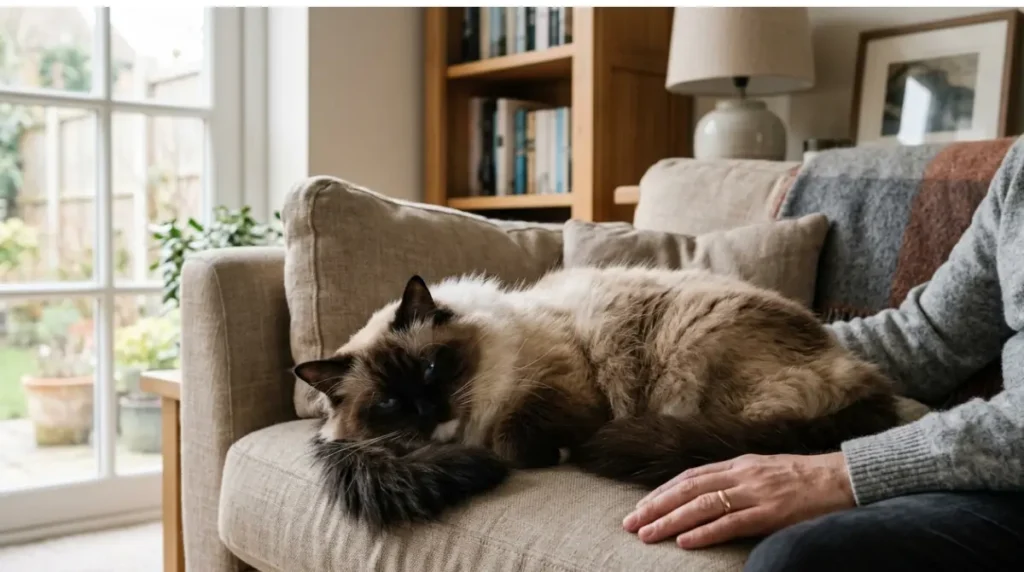 Coon vs Ragdoll size comparison featuring a Maine Coon with large paws, tufted ears, and a shaggy coat