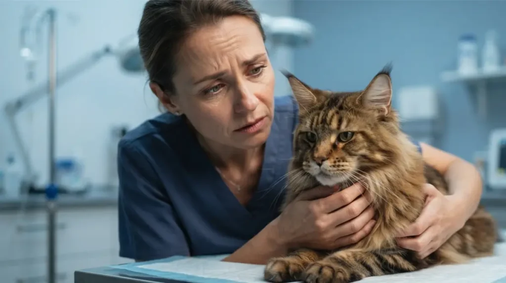 Maine Coon Size cat showing emergency symptoms at veterinary clinic requiring immediate care