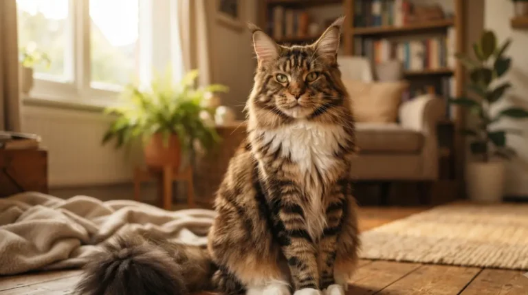 Giant Maine Coon Size adult male cat sitting showing full body and fluffy coat