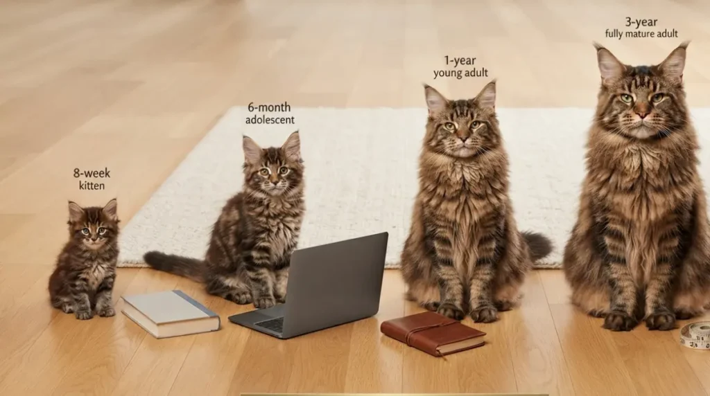 Maine Coon Size growth progression from kitten to adult showing weight gain by age