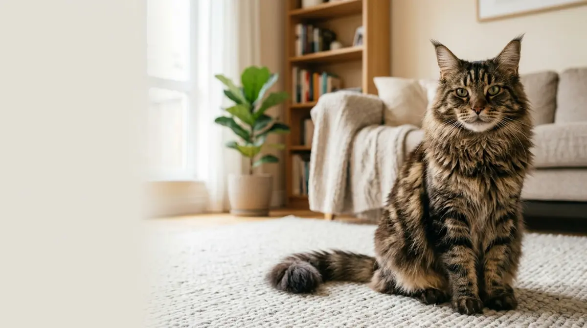 Healthy brown tabby Maine Coon sitting at home