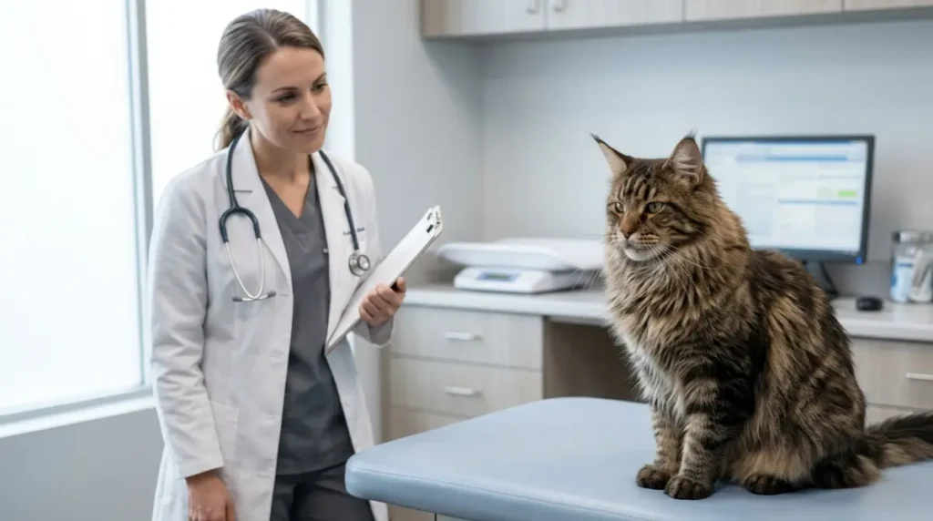 Maine Coon being calmly observed by a veterinarian during an exam