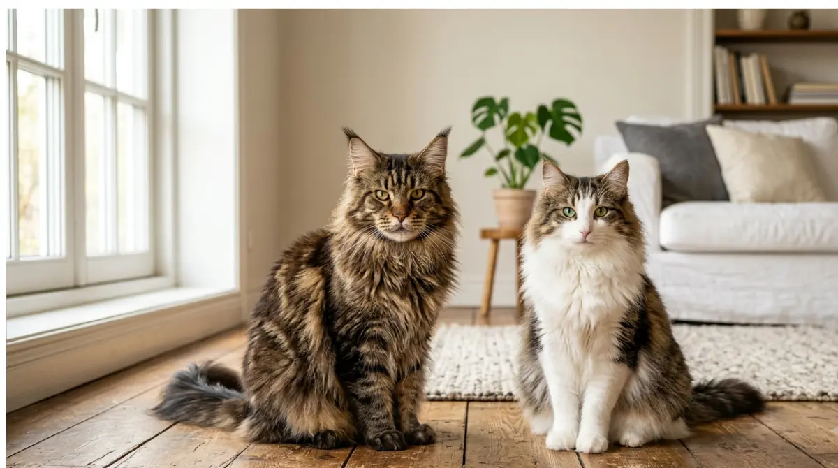 Maine Coon vs Norwegian Forest Cat sitting side by side showing size and head shape differences in a bright living room