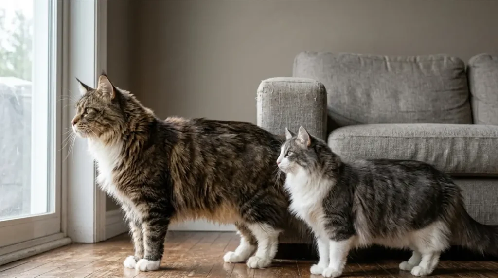 Maine Coon vs Norwegian Forest Cat standing in profile to show the clear size and weight difference between the two breeds