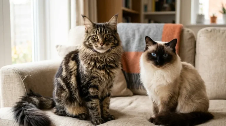 Coon vs Ragdoll comparison showing a Maine Coon and a blue-eyed Ragdoll sitting side by side