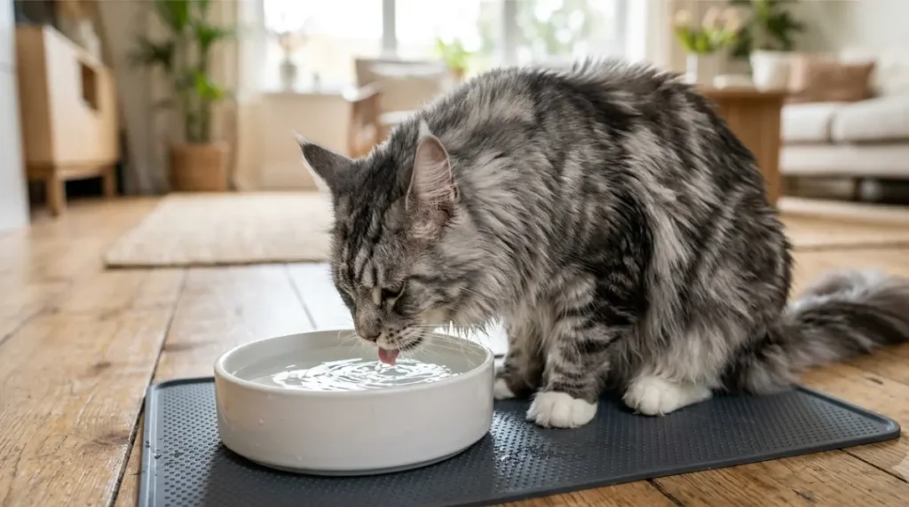 Maine Coon Water bowl setup with a wide shallow ceramic bowl filled nearly to the brim