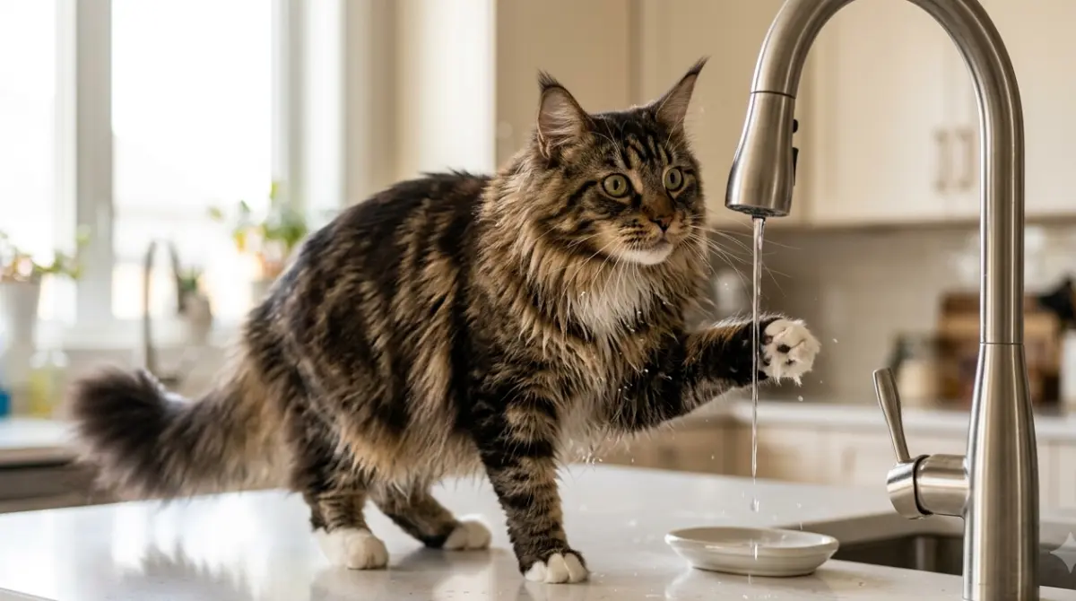 Maine Coon Water play: brown tabby Maine Coon reaching its paw toward running faucet water