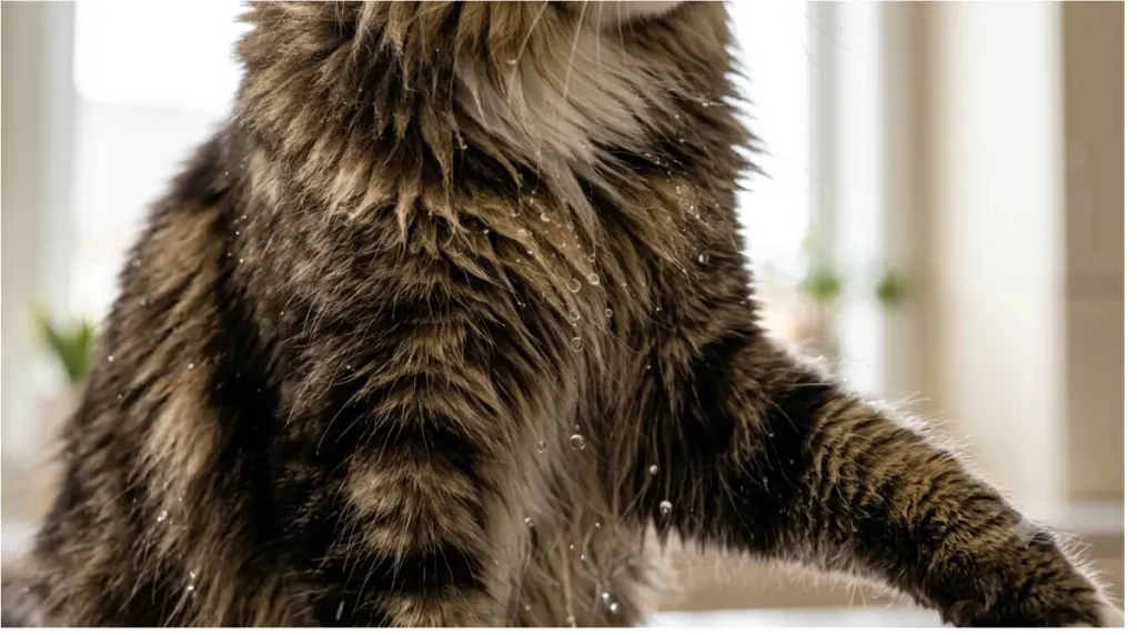 Maine Coon Water resistance shown by droplets beading on a Maine Coon’s long fur