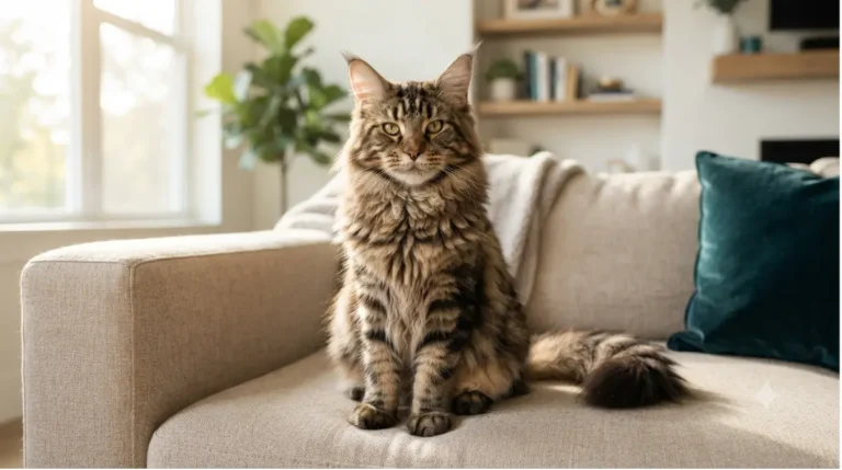 Adult male Maine Coon weight and size shown by a large cat sitting on a sofa