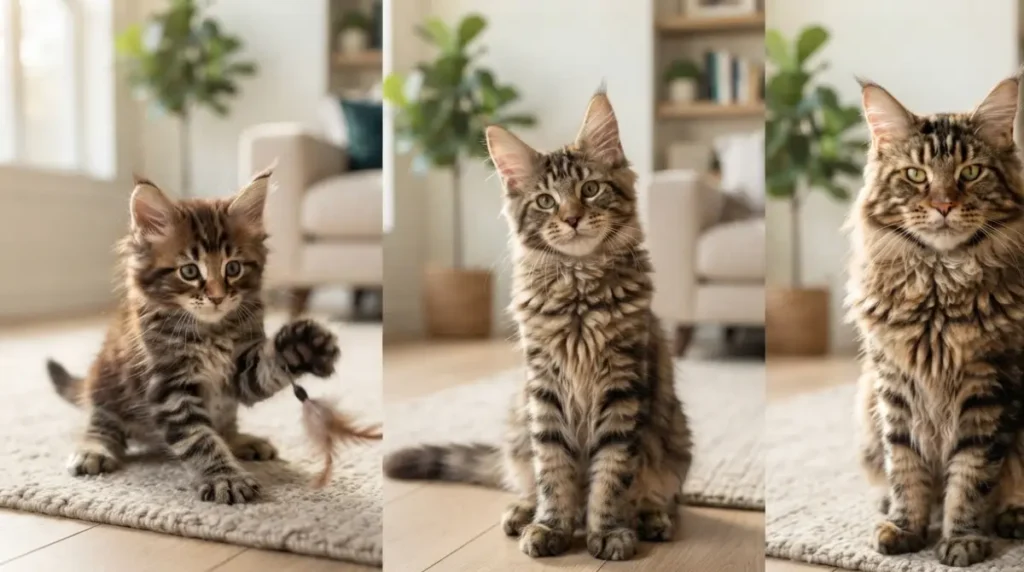 Maine Coon weight growth from kitten to adult shown in three life stages
