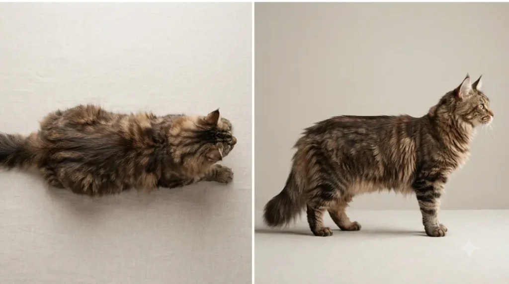 Healthy Maine Coon weight and ideal body condition shown from above and side views