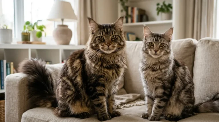 Male and Female Maine Coon cats sitting side by side to compare their size and appearance.