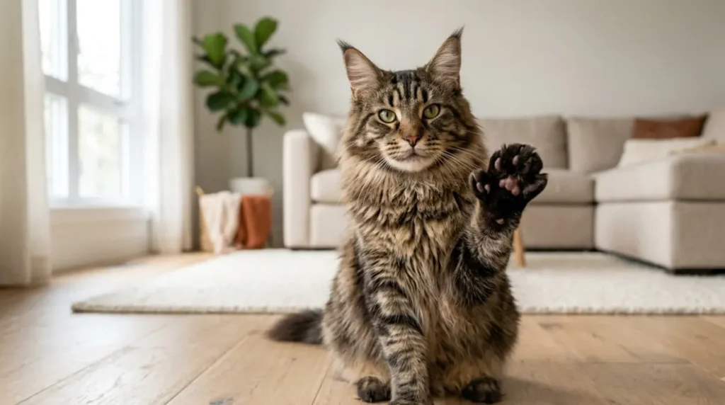 Polydactyl Maine Coon cat lifting a front paw with an extra toe in a bright living room