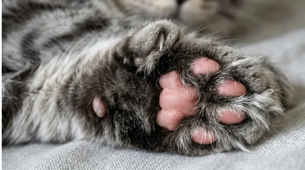 Close-up of a Polydactyl Maine Coon front paw showing six toes and an extra inner toe