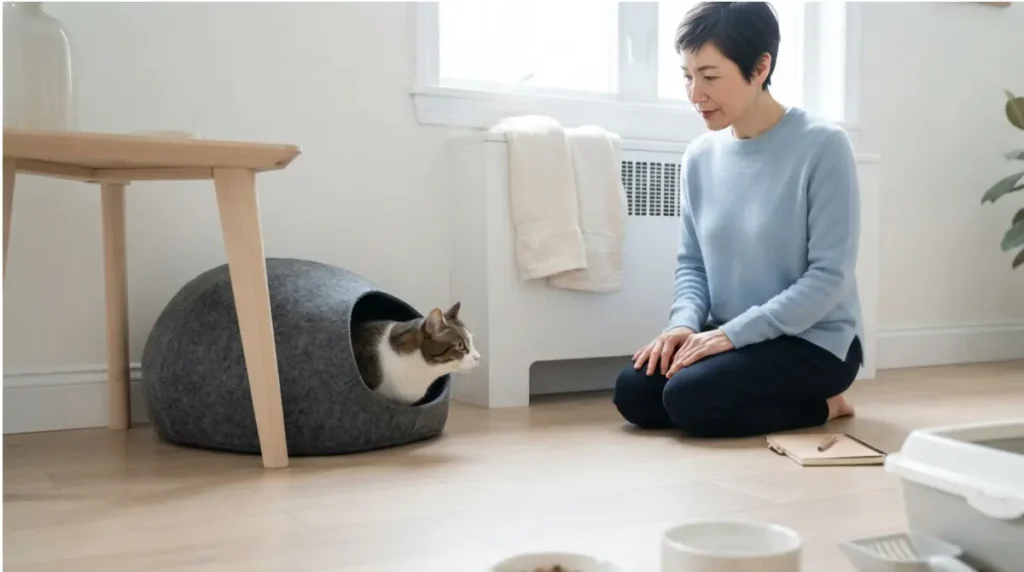 Owner checking food bowl and litter box near a cautious Shy Cat