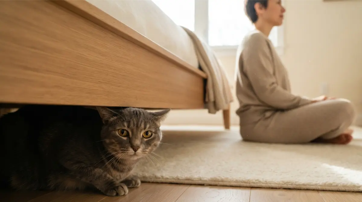 Shy Cat hiding under a bed while its owner sits calmly nearby