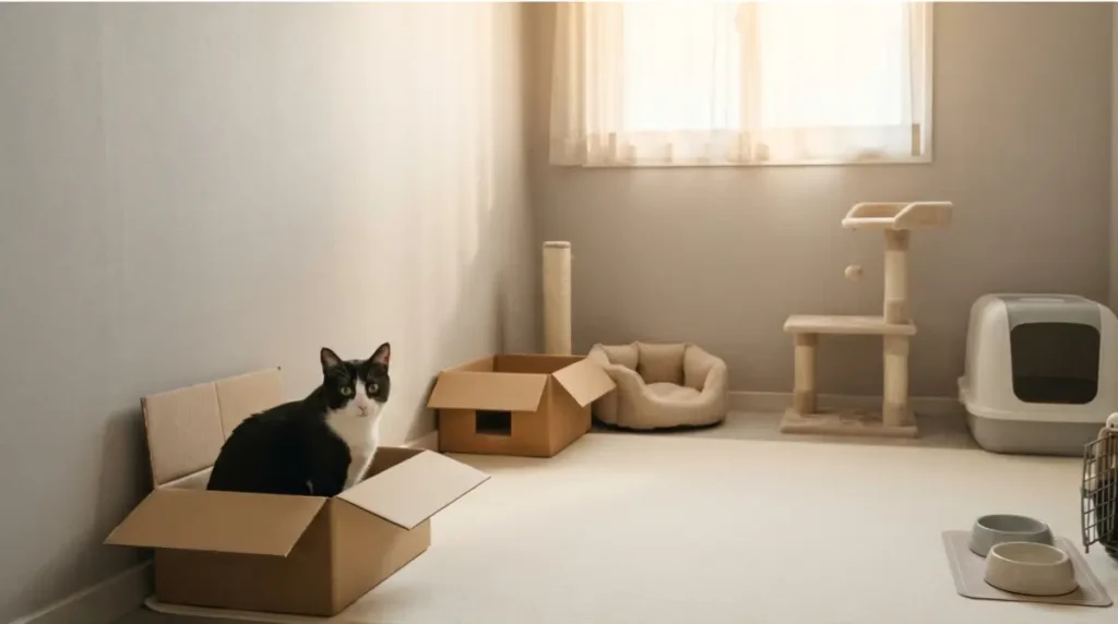 Quiet safe room setup for a cautious Shy Cat with hiding boxes and supplies
