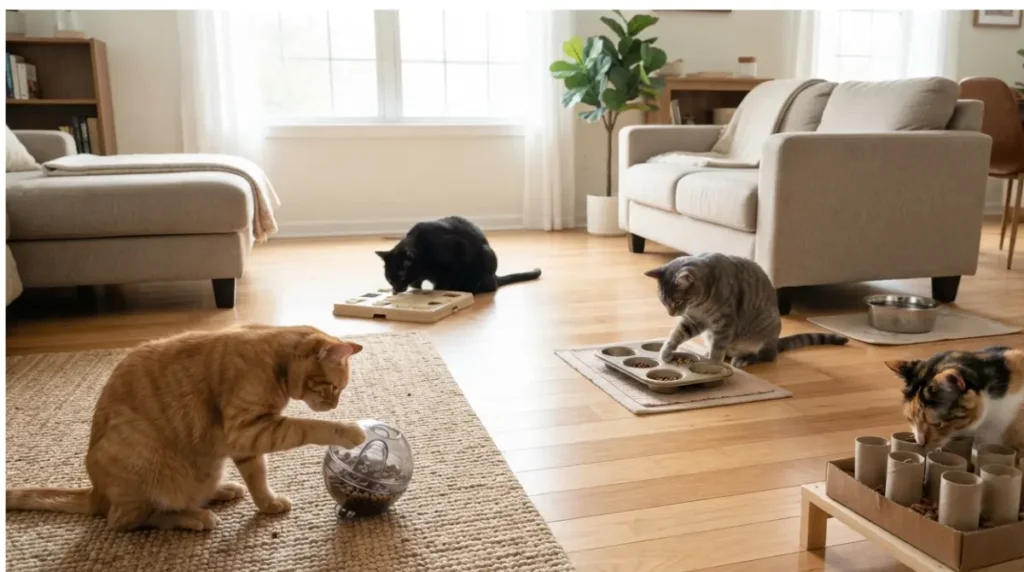 Six-week puzzle feeder test with four cats: multiple cats each using different puzzle feeders in a real home setting