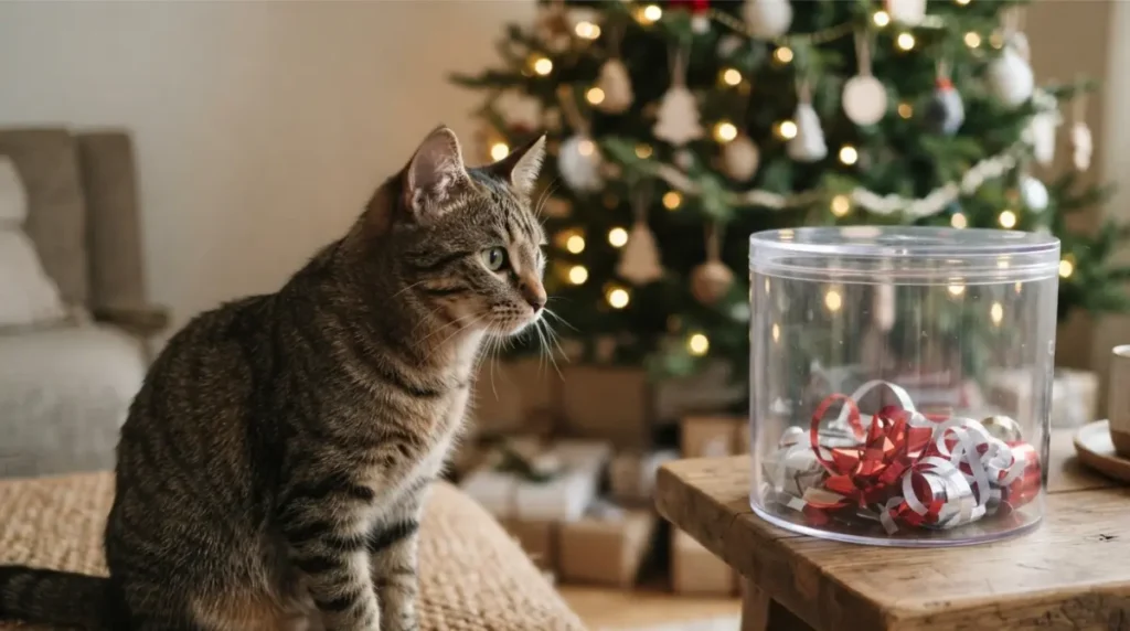 Cat Christmas safety scene with a curious cat looking at ribbon stored safely away