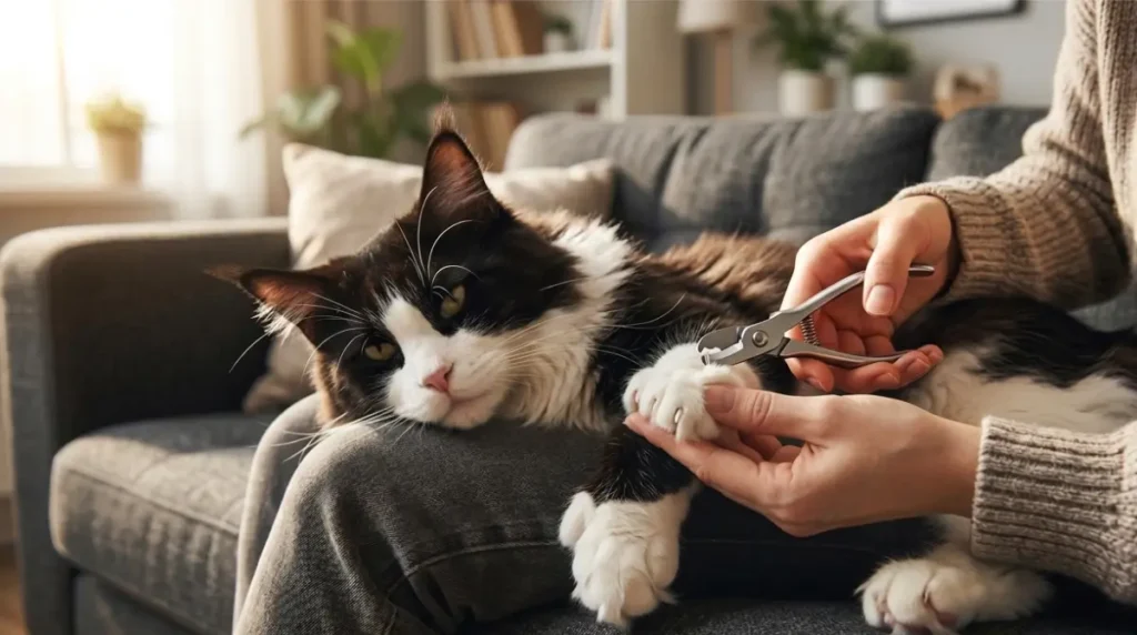 Owner gently trimming the nail of a calm Polydactyl Maine Coon’s extra toe