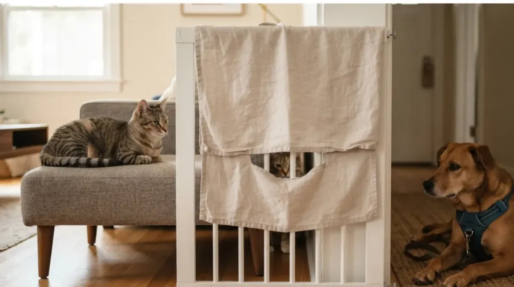 Introducing cat to dog week 2 visual contact through a covered baby gate