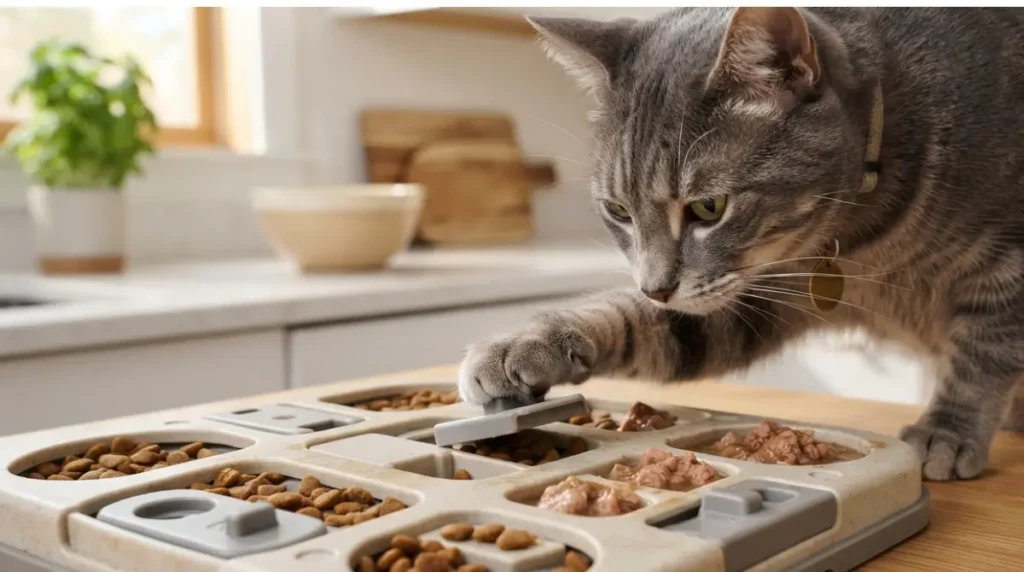 What puzzle feeders do for cats: cat using a stationary activity board puzzle feeder with kibble and wet food