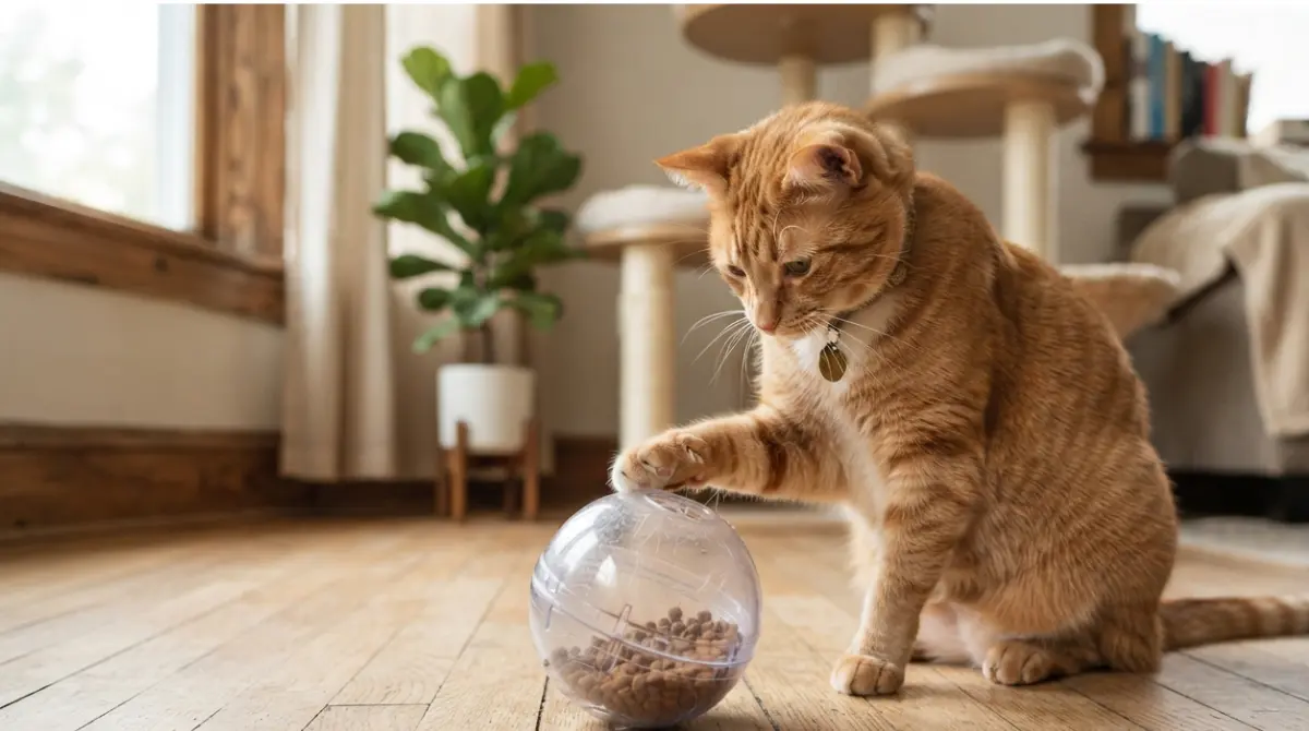 Cats and puzzle feeders: curious cat pawing a clear puzzle feeder ball with kibble in a cozy living room